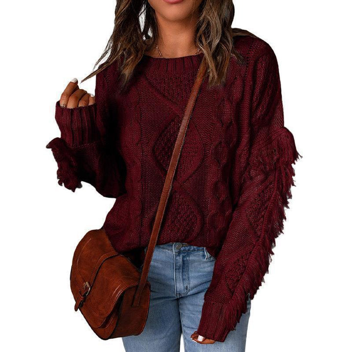 Women chunky knit sweater with cable knit structure, fringed sleeves and casual oversized fit Mune Fashion