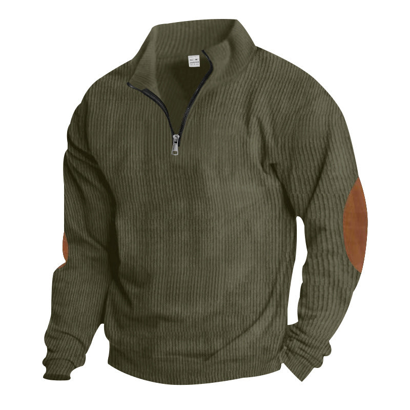 Men's knitted fine knit pullover with short zipper stand-up collar and leather-look elbow patches Mune Fashion