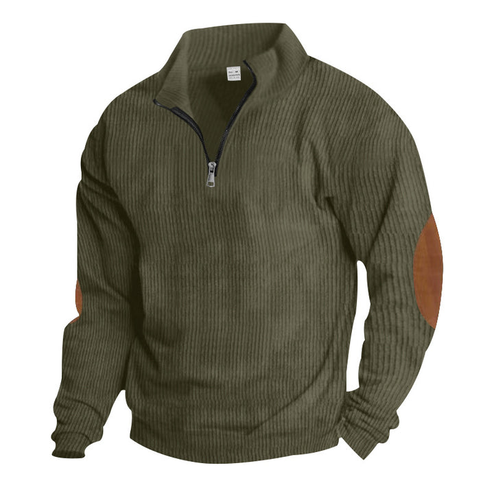 Men's knitted fine knit pullover with short zipper stand-up collar and leather-look elbow patches Mune Fashion