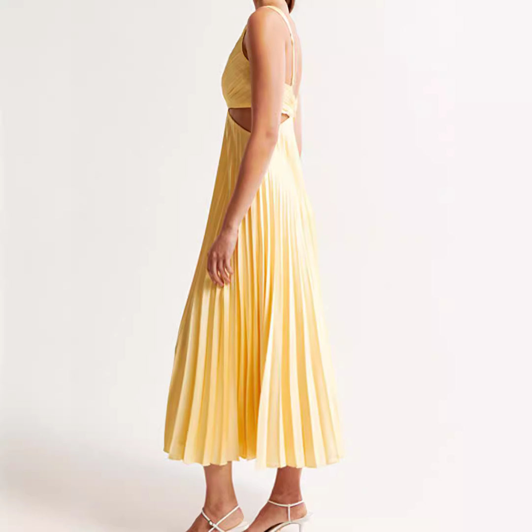 Women's pleated midi dress with twisted bustier section and side cut-outs Mune Fashion