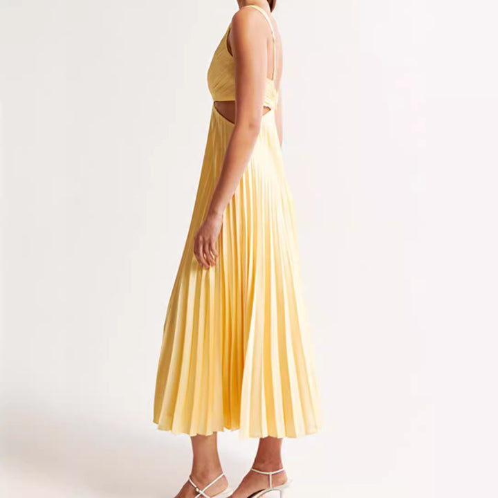 Women's pleated midi dress with twisted bustier section and side cut-outs Mune Fashion