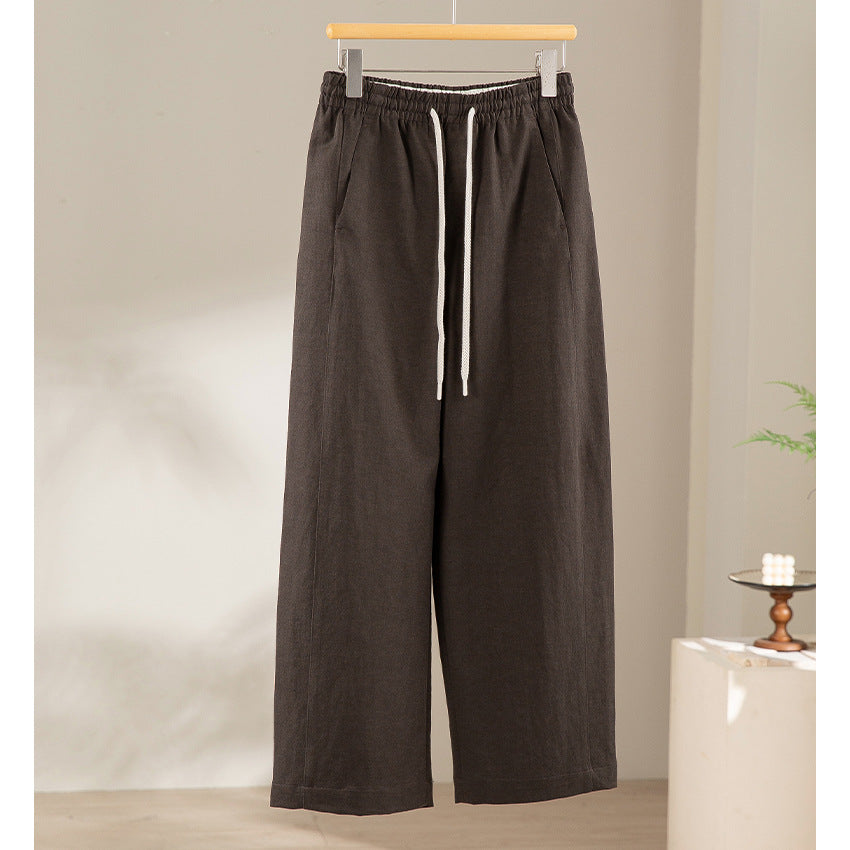 Women Wide Linen Blend Pants with Elastic Waistband and Drawstring Mune Fashion