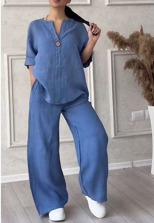 Women's casual linen relax set with wide pants and shirt blouse Mune Fashion
