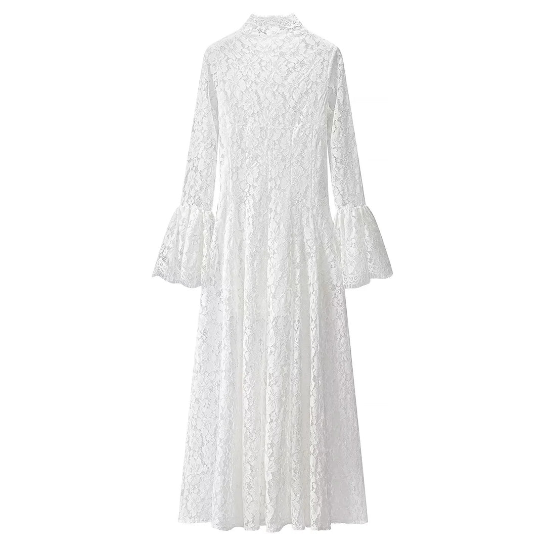 Ladies' lace dress with high collar, flared A-line and bell sleeves Mune Fashion