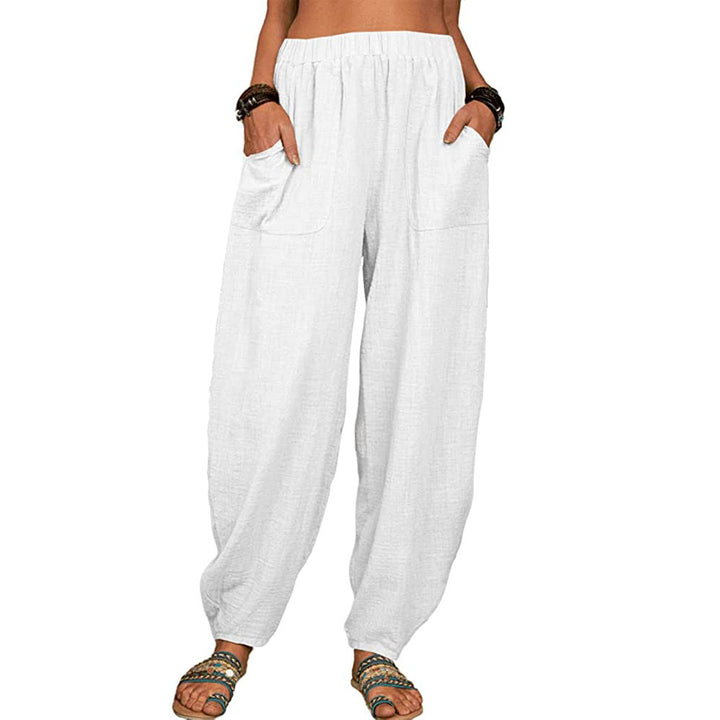 Women's relaxed linen pants with wide leg, elastic waistband and large patch pockets Mune Fashion