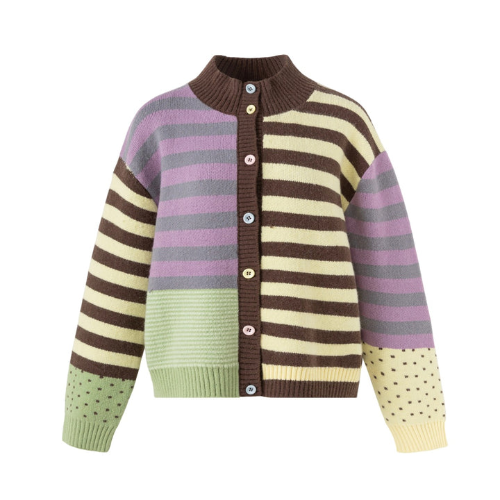 Women's cardigan in patchwork stripe mix with stand collar and button placket Mune Fashion