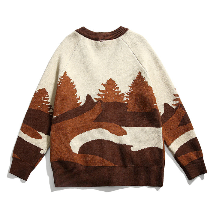 Unisex Chunky Knit V-Neck Cardigan with Landscape Jacquard Pattern and Patch Pockets Mune Fashion