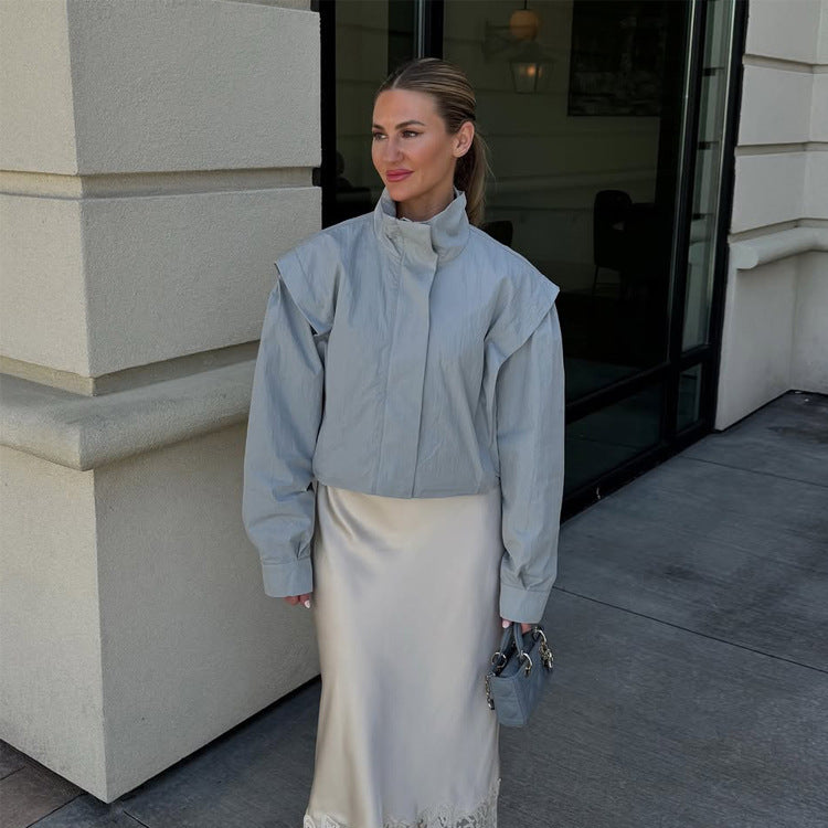 Ladies Cropped Transitional Jacket with Stand Collar and Emphasized Shoulder Area Mune Fashion