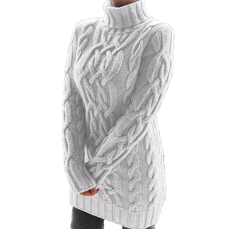 Women Oversized Knit Dress with Distinctive Cable Pattern and Turtleneck Mune Fashion