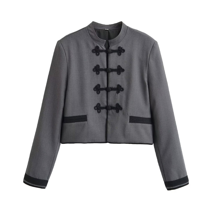 Women's Short Jacket with Mandarin Collar and Decorative Knot Closures Mune Fashion