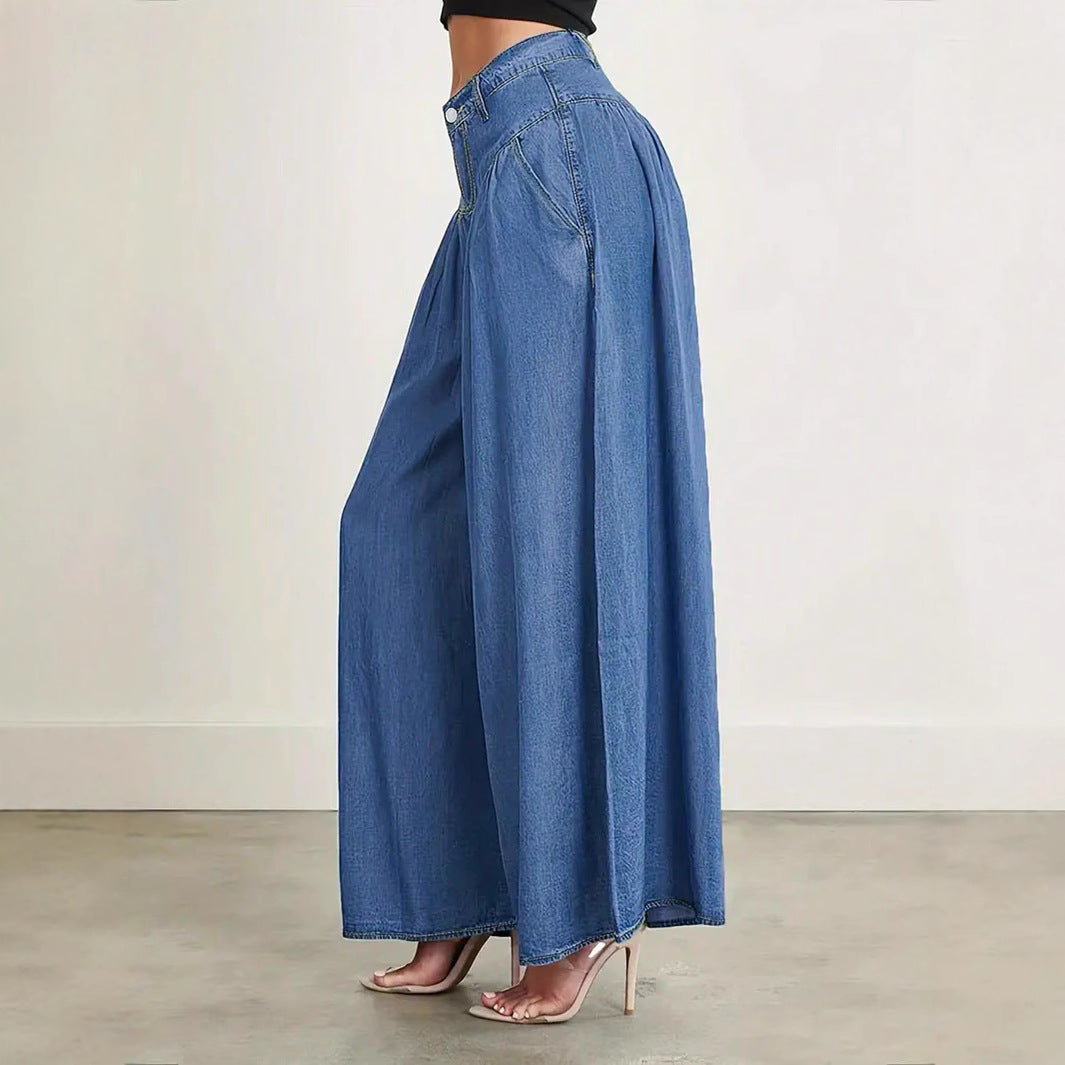 Women High-Waisted Denim Palazzo Pants with Gathered Box Pleat and Extra Wide Leg Mune Fashion