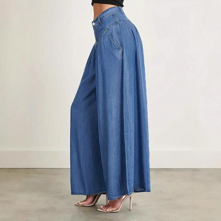 Women High-Waisted Denim Palazzo Pants with Gathered Box Pleat and Extra Wide Leg Mune Fashion