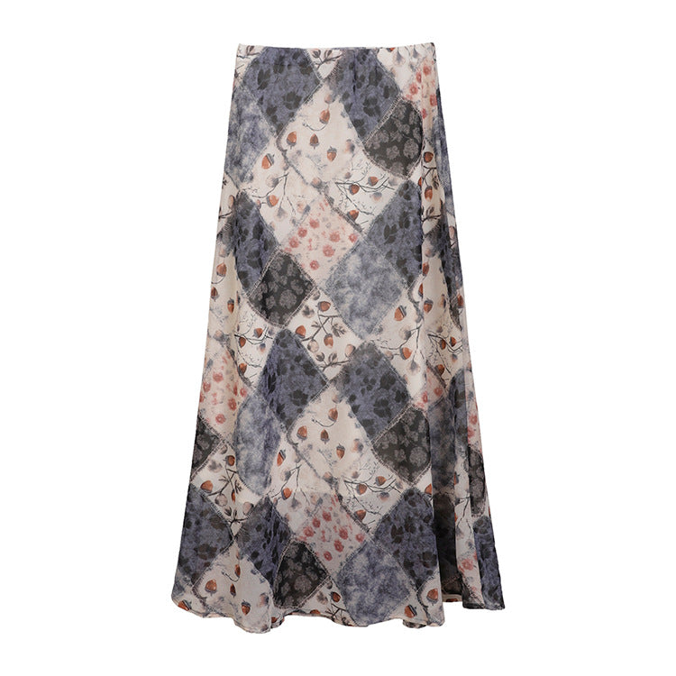 Women's flowing maxi skirt with A-line silhouette and fine vintage print, Mune Fashion