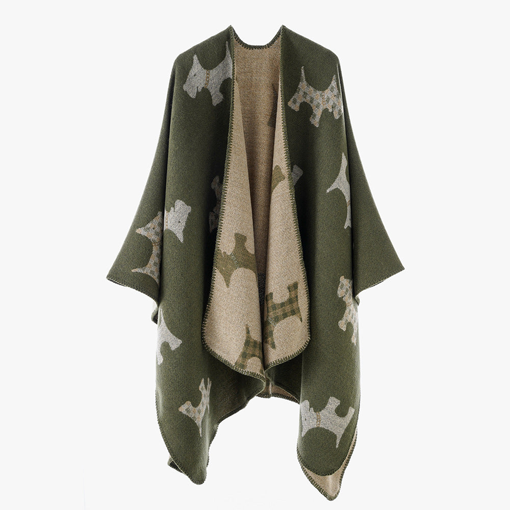 Women Oversized Poncho with jacquard woven Terrier motif and contrasting lining Mune Fashion