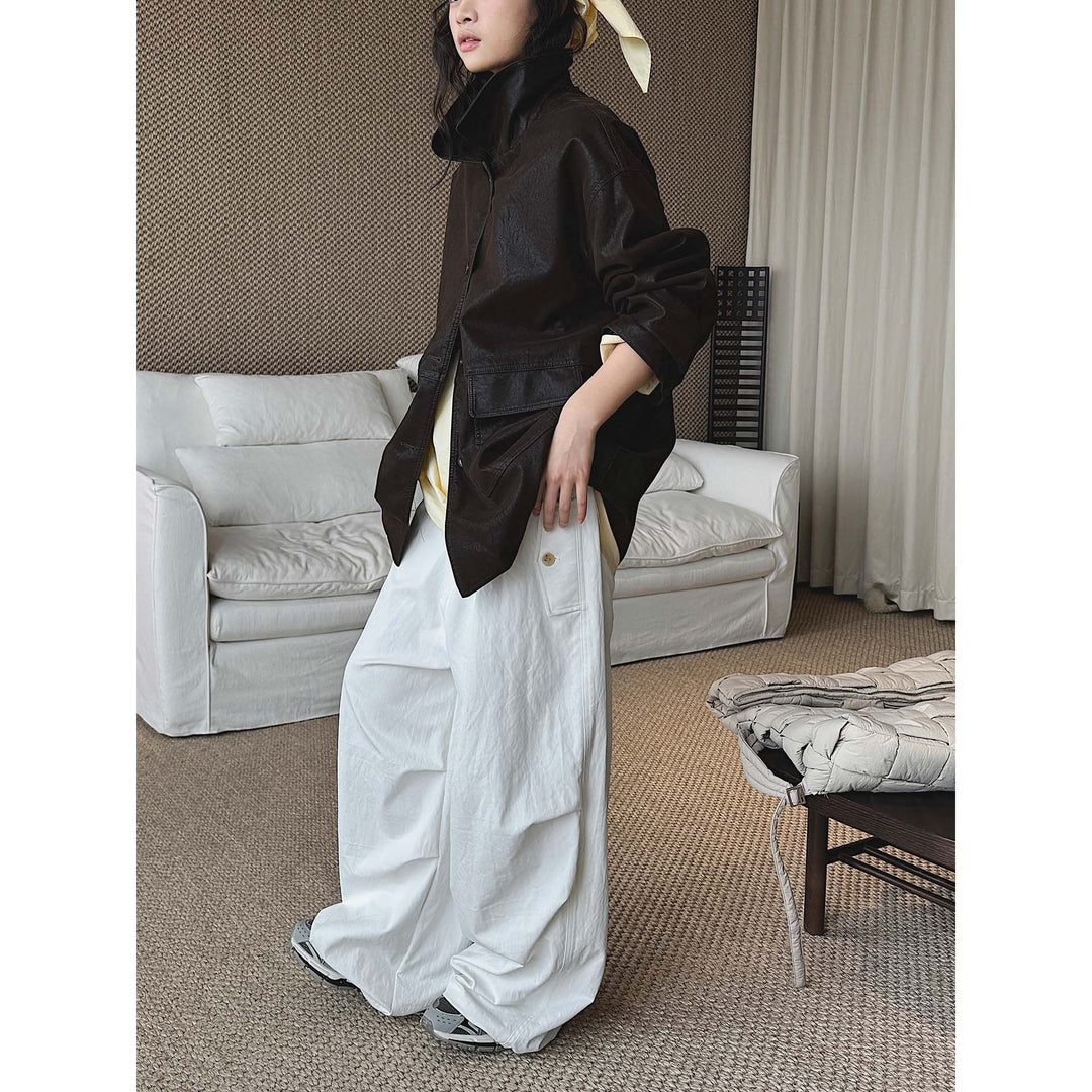 Women Oversized Faux Leather Shirt Jacket with Wide Collar and Flap Pockets Mune Fashion