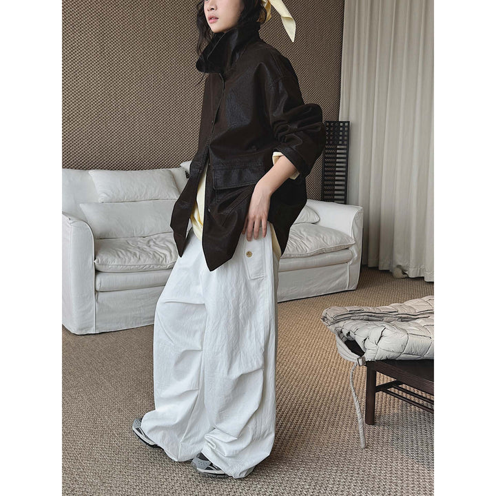 Women Oversized Faux Leather Shirt Jacket with Wide Collar and Flap Pockets Mune Fashion