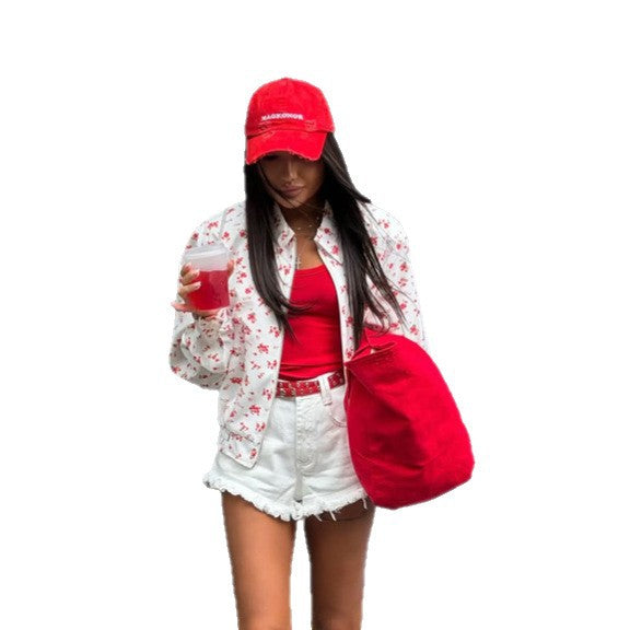 Women's Lightweight Floral Bomber Jacket with Elastic Hem and Zipper