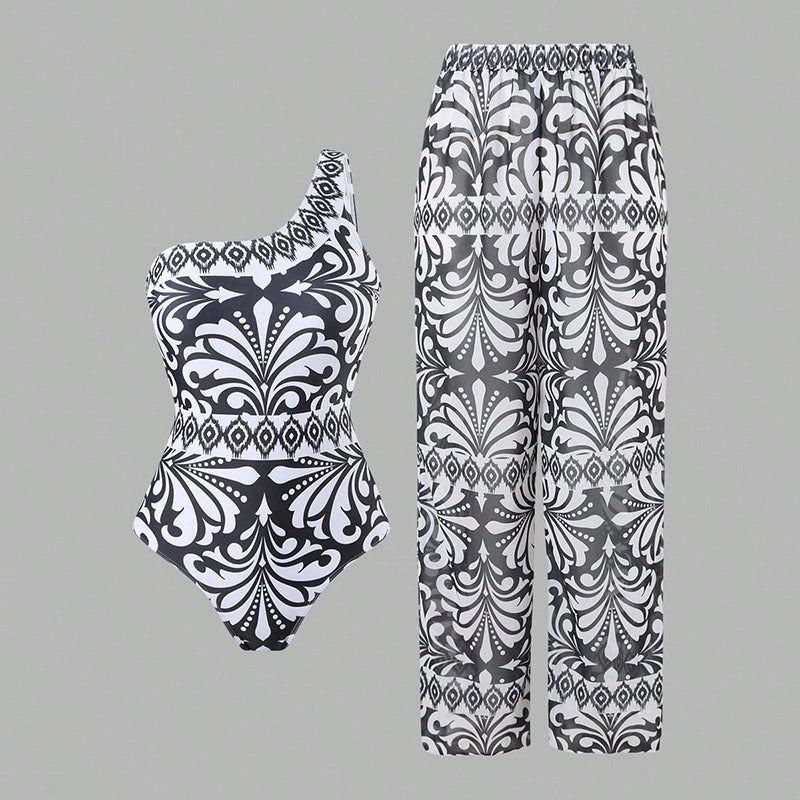 Ladies' One-Piece Swimsuit with Elegant Asymmetrical Design and Matching Pants Mune Fashion