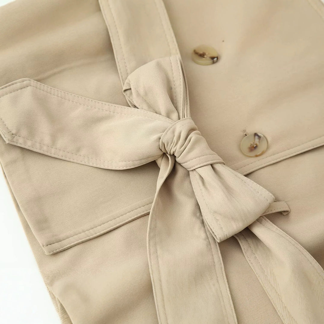 Women Short Trench Coat with Waist Belt and Stand-Up Collar Mune Fashion