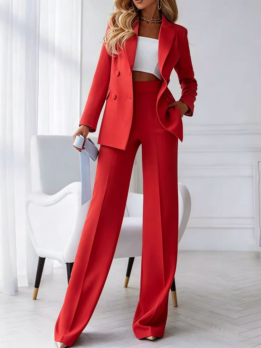 Women's two-piece business pantsuit with tailored double-breasted blazer and high-waisted palazzo pants Mune Fashion