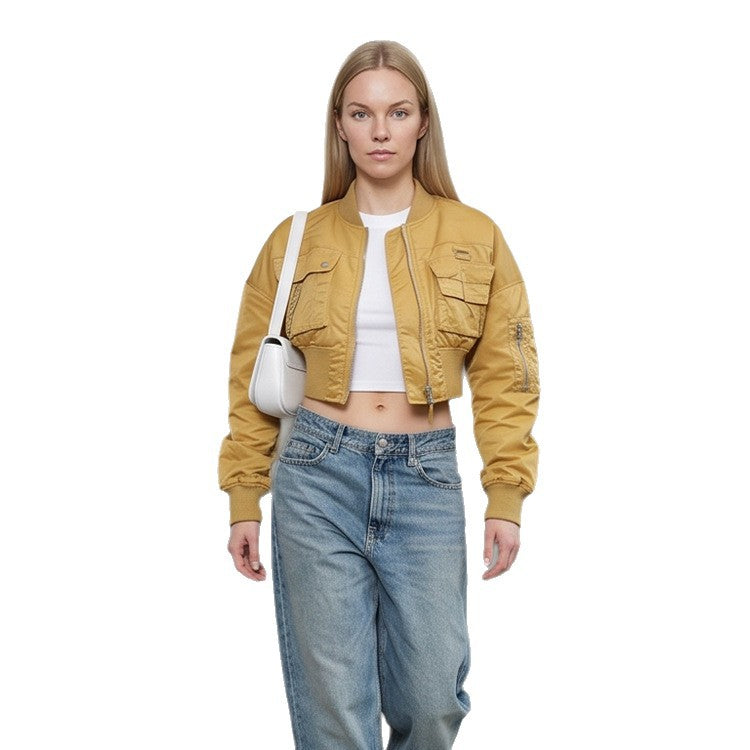 Women’s Short-Cut Utility Bomber Jacket with Practical Pockets and Ribbed Cuffs Mune Fashion
