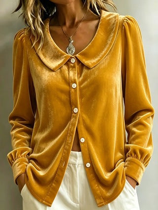 Ladies velvet shirt blouse with Peter Pan collar and mother-of-pearl button placket Mune Fashion