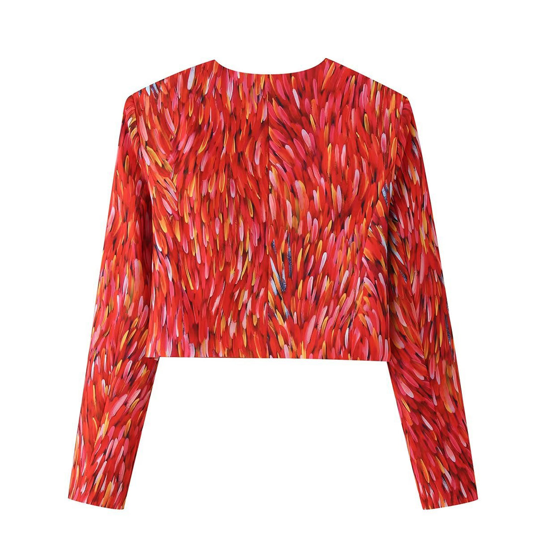 Women's Short Blazer without Collar with Artistic Brush Stroke Print Mune Fashion
