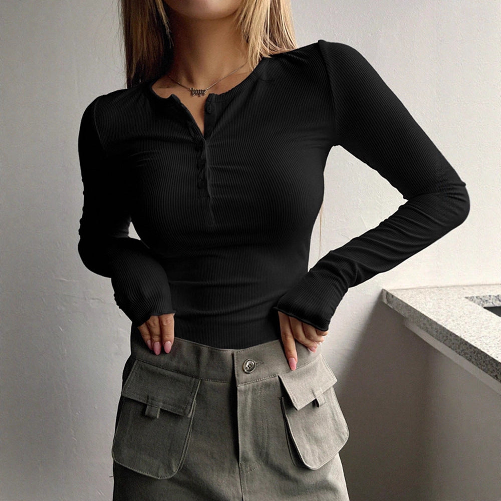 Women's Fitted Ribbed Henley Shirt with Button Placket and Long Sleeve