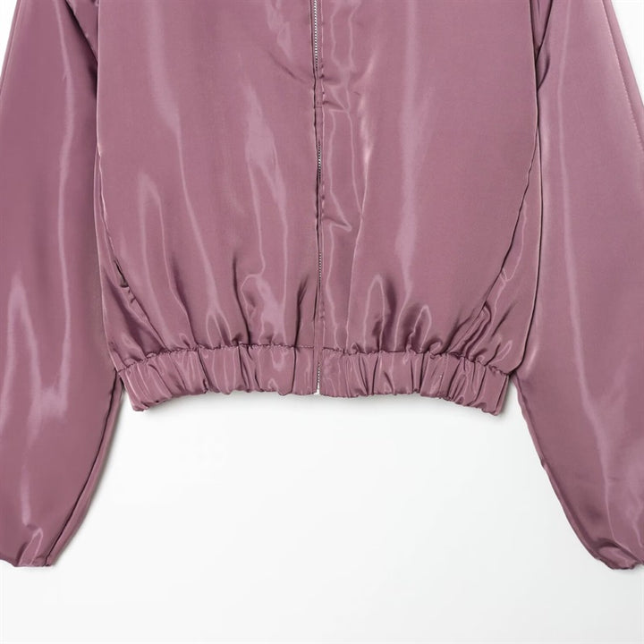 Women's short shiny bomber jacket with standing collar, tailored elastic waistband and concealed zipper Mune Fashion