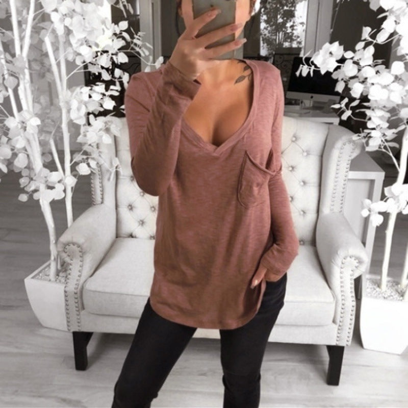 Women's Casual Oversize Tunic with V-Neck, Chest Pocket and Extended Hem Mune Fashion
