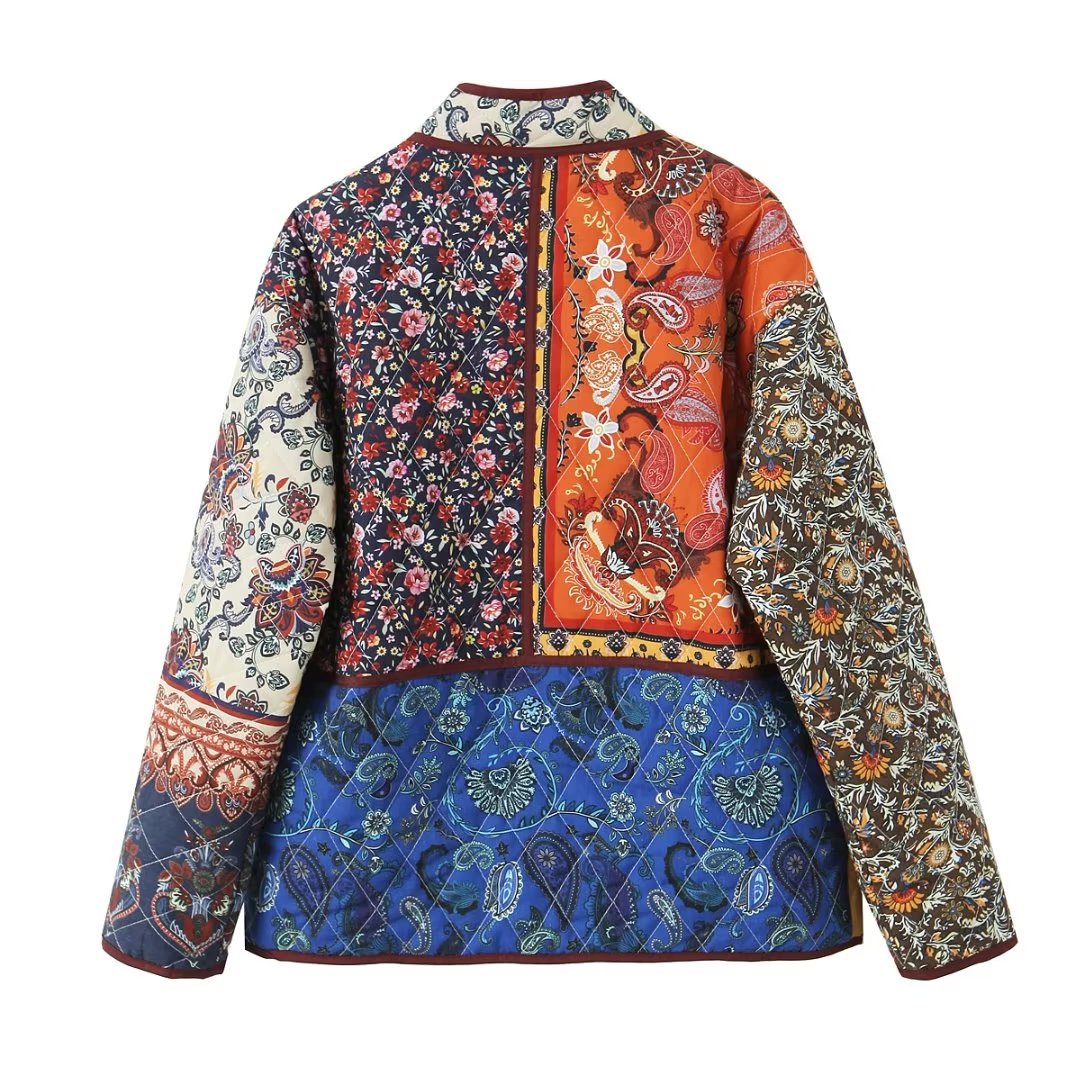 Women’s Boho quilted jacket with patchwork print, quilted lining and patch pockets Mune Fashion