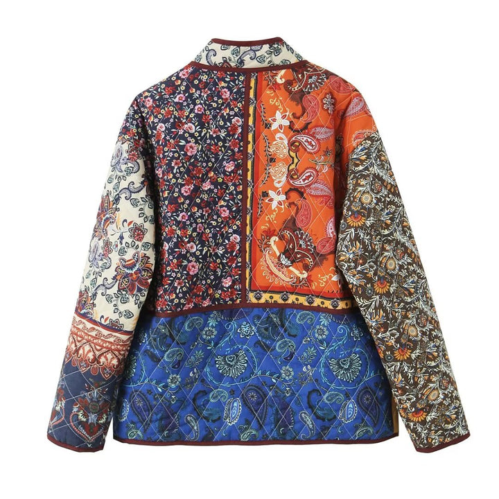 Women’s Boho quilted jacket with patchwork print, quilted lining and patch pockets Mune Fashion