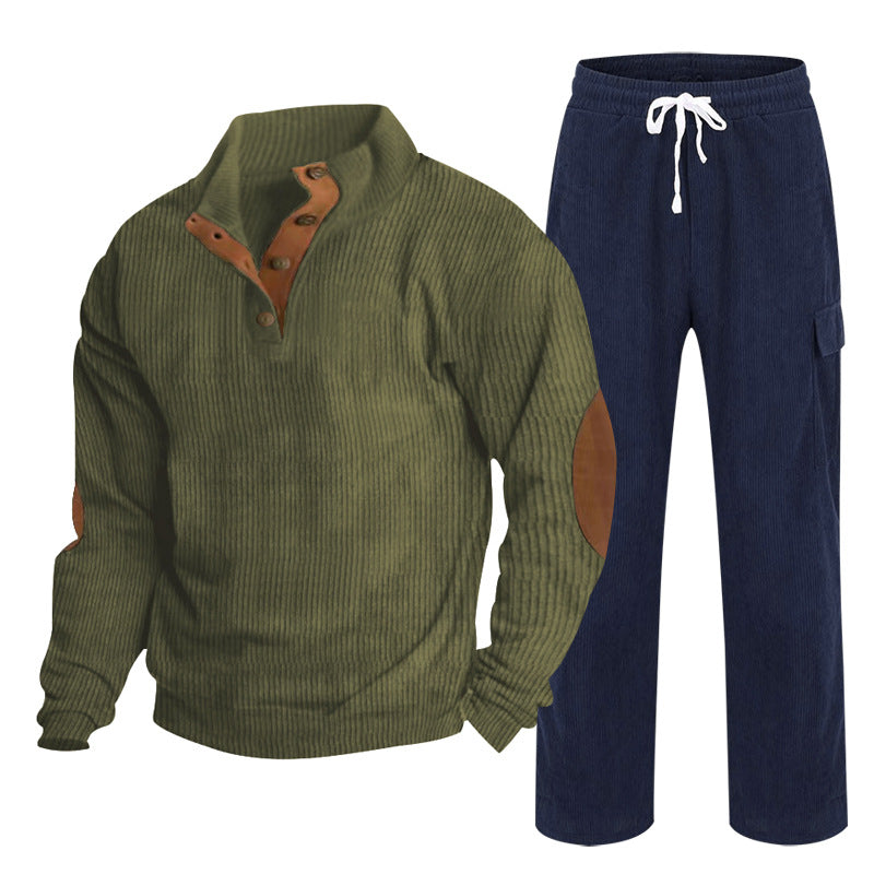 Men's Cozy Leisure Set made of Waffle Knit Henley with Elbow Patch and Relax Cargo Pants Mune Fashion