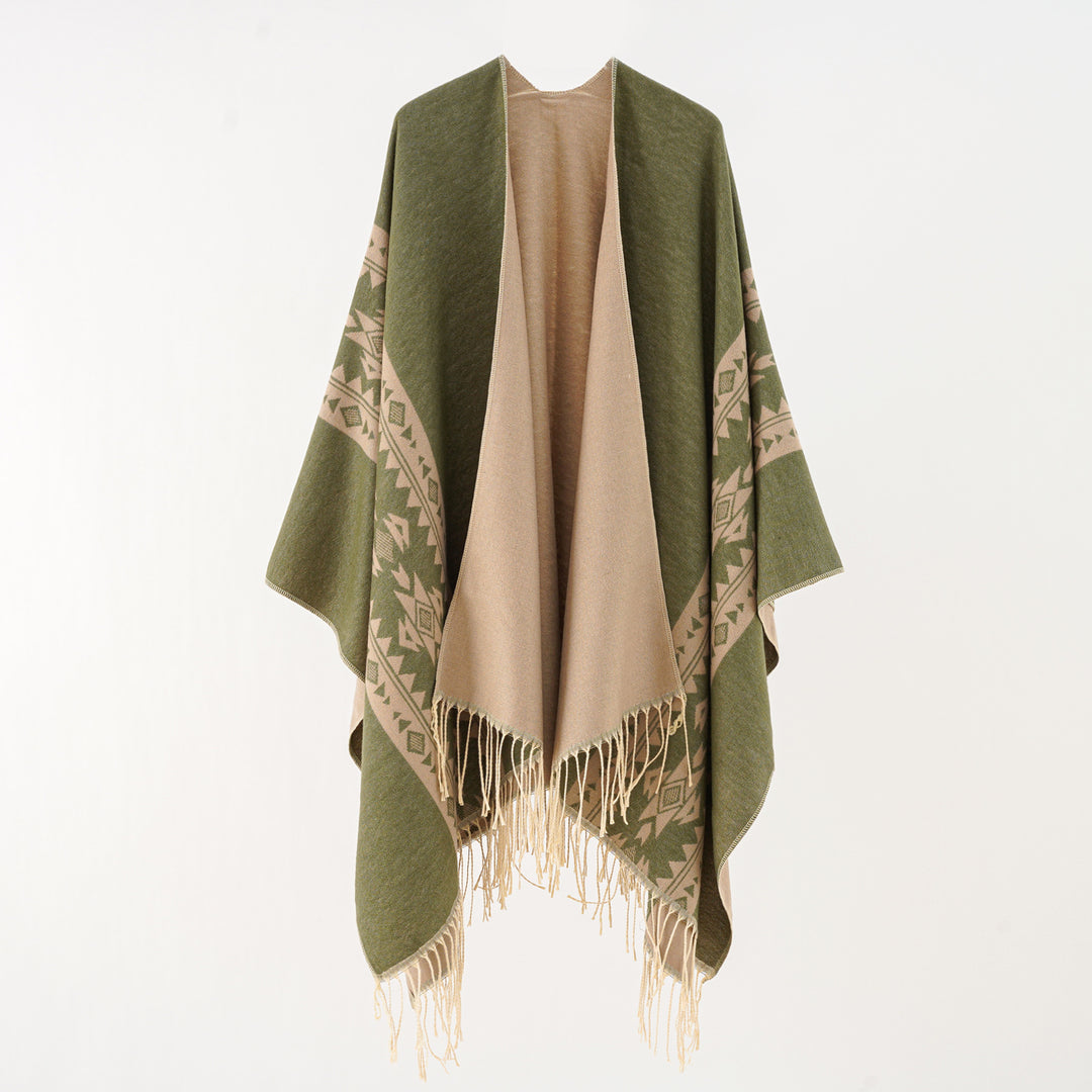 Women's Oversize Poncho with Fringes and Jacquard Pattern Mune Fashion