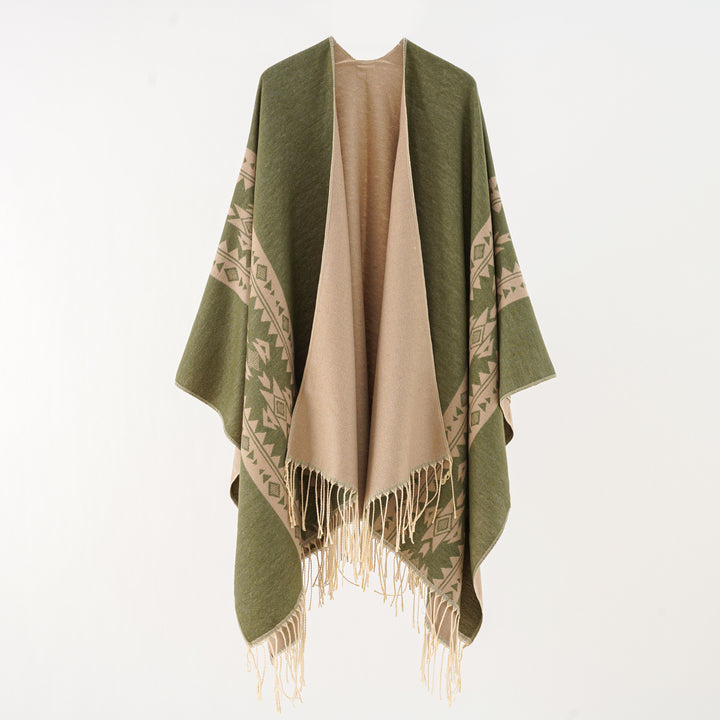 Women's Oversize Poncho with Fringes and Jacquard Pattern Mune Fashion