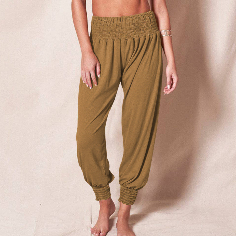 Women's Loose Harem Pants with High Smocked Waistband and Crumpled Ankle Cuffs Mune Fashion
