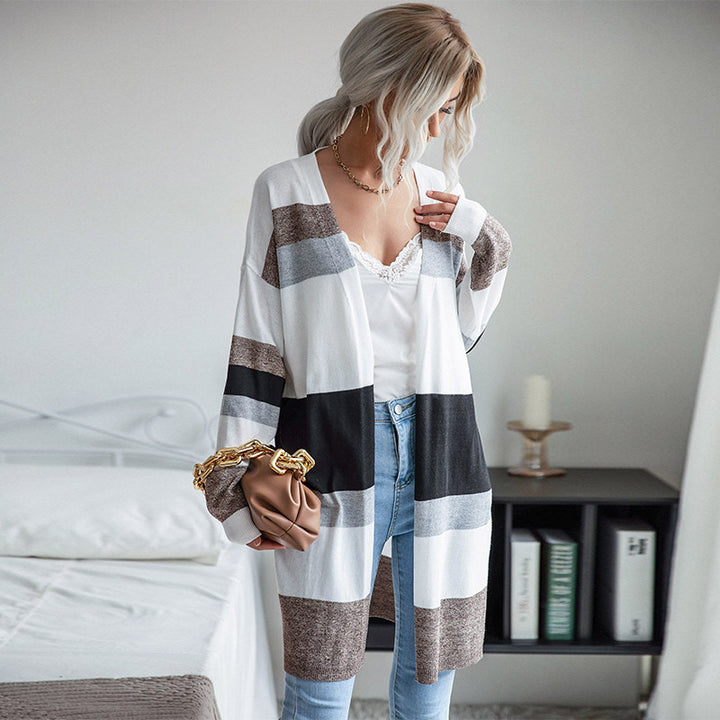 Women Long Open Knit Cardigan with Block Stripes, Light Fall and Pockets Mune Fashion