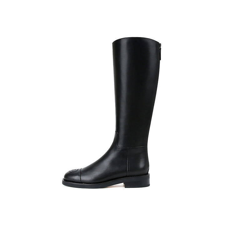 Ladies Knee-High Riding Boots Made of Smooth Leather with Embossed Flower Toe Cap Mune Fashion