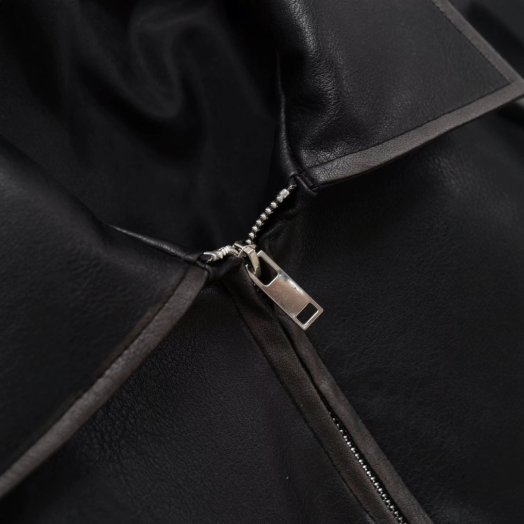 Women's Short Cut Faux Leather Jacket with Large Flap Pockets and Zipper Mune Fashion