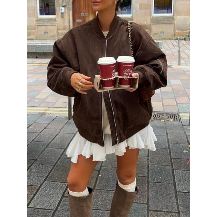 Women's Oversized Suede Bomber Jacket with Zipper & Ribbed Cuffs Mune Fashion