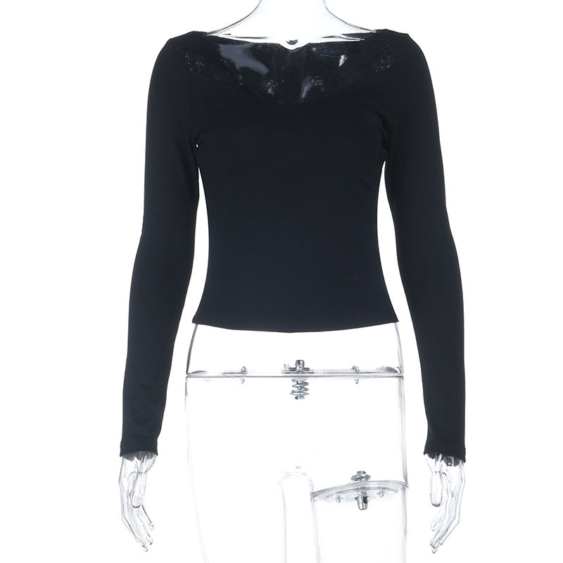 Women's Fitted Long Sleeve Shirt with Lace V-Neck