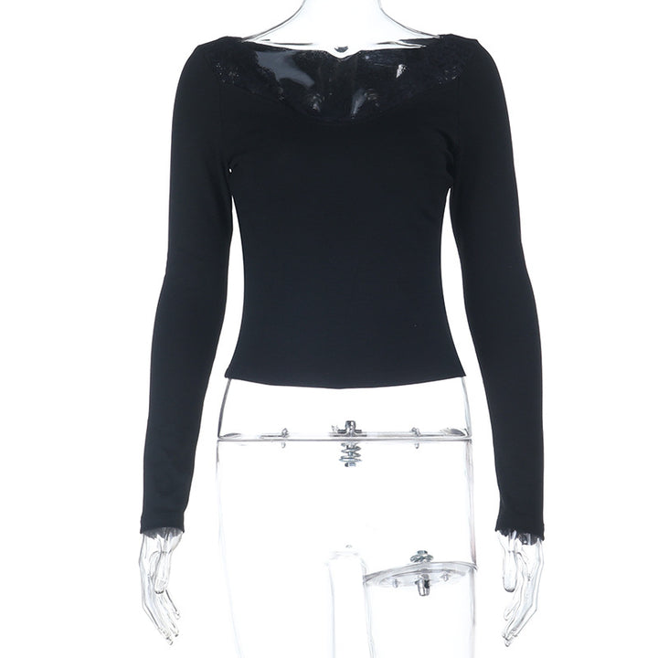 Women's Fitted Long Sleeve Shirt with Lace V-Neck