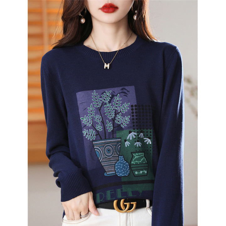 Women’s Lightweight Round Neck Sweater with Graphic Plant Print and Fine Knit Mune Fashion