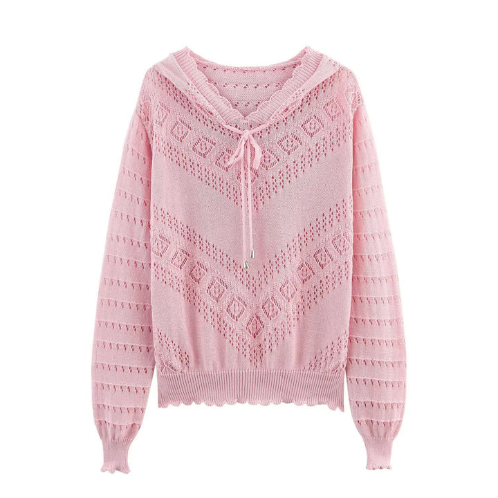 Women's hooded knitted pullover with openwork pattern, drawstring, and balloon sleeves Mune Fashion