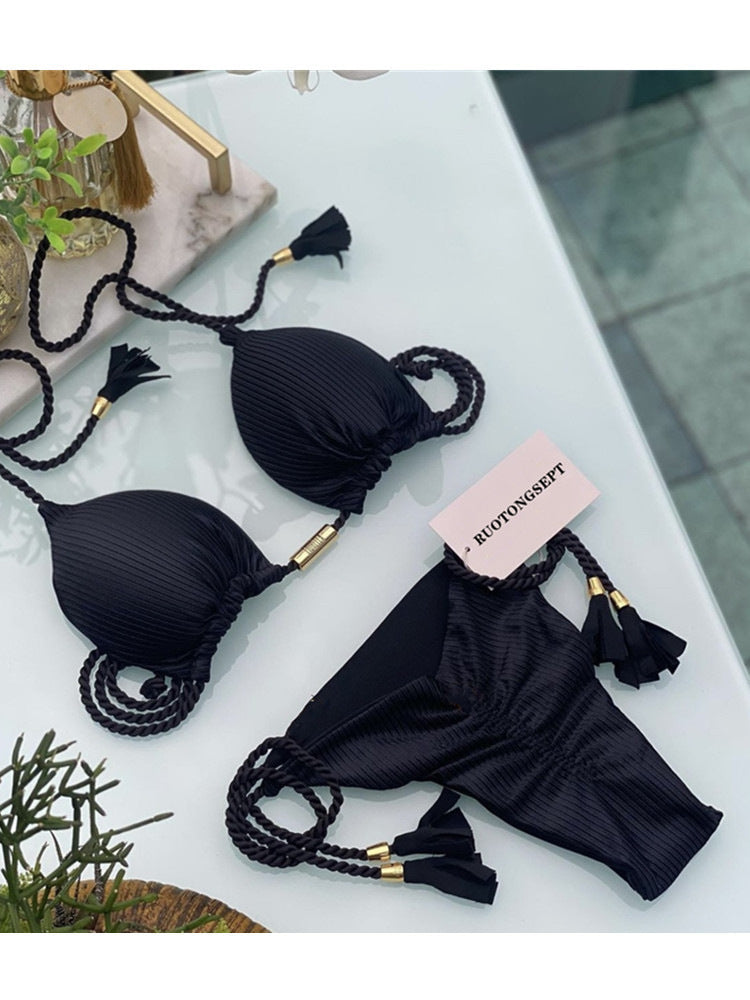 Women Bikini Set with elegant leopard pattern and fashionable tassels Mune Fashion