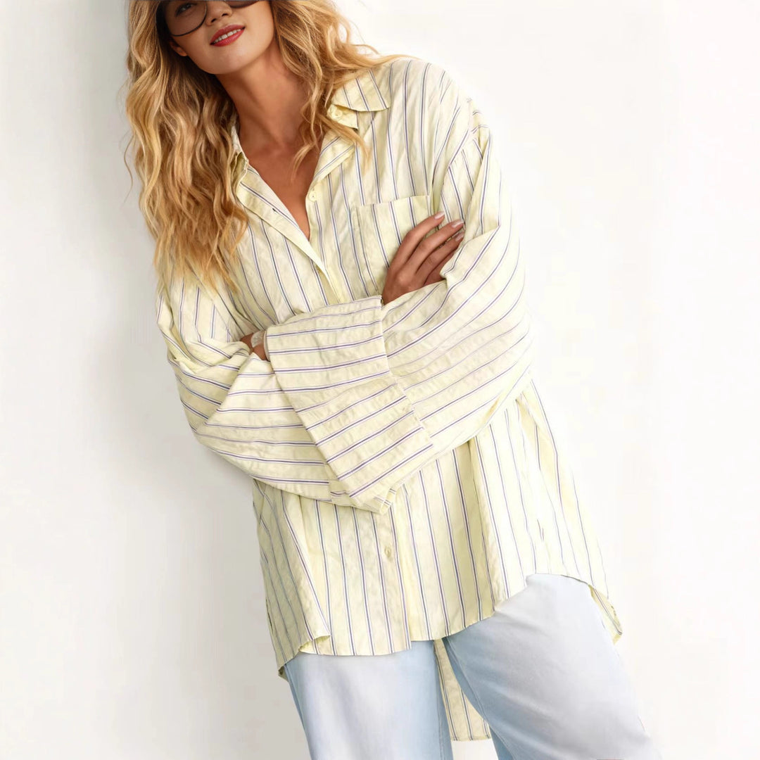 Women oversized shirt blouse with wide bell sleeves and fine striped pattern Drune