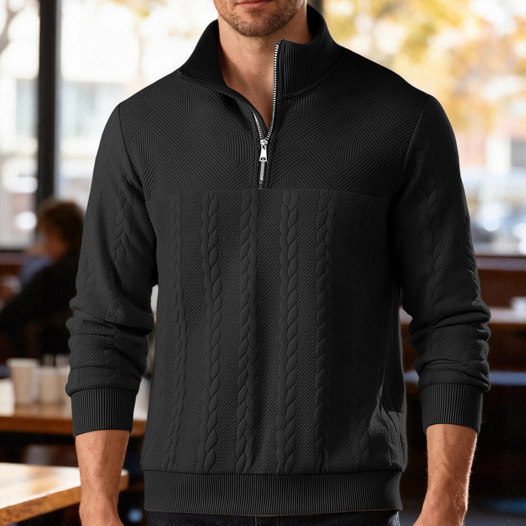 Men's textured knit sweater with half zip, braided cable pattern, and high stand-up collar Mune Fashion