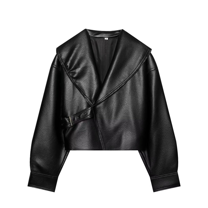 Women’s short jacket in leather look with large shawl collar, wrap belt and textured surface Drune
