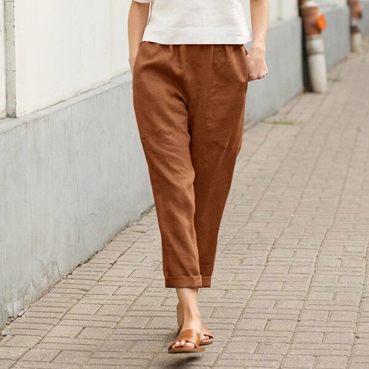 Women's light linen pants with elastic waistband, side pockets, and rolled hem Mune Fashion