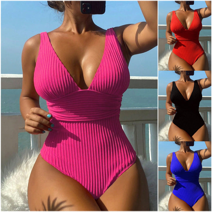 Women One-Piece Swimsuit with Figure-Hugging Design and Deep V-Neck Mune Fashion